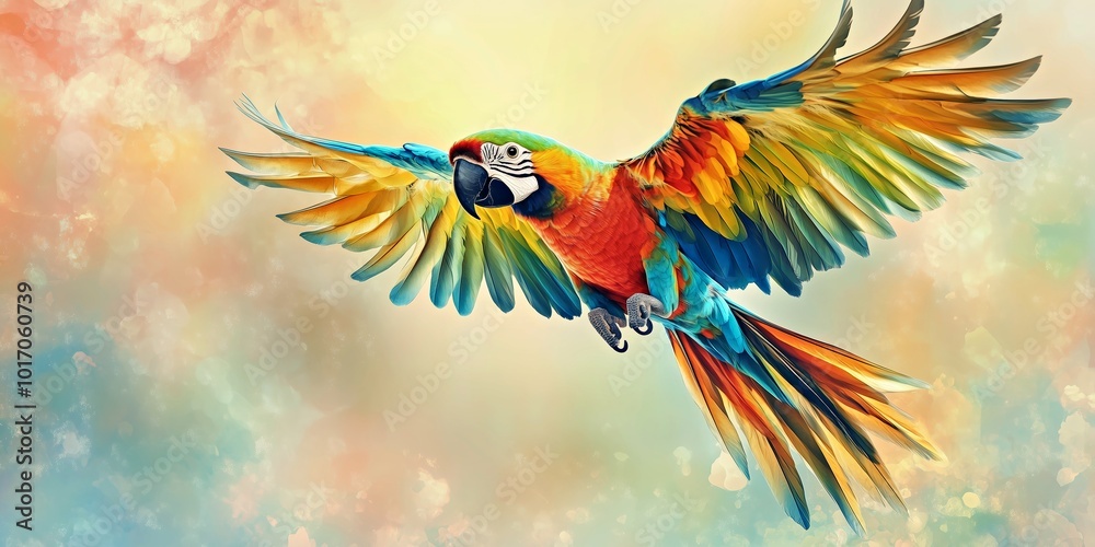 Obraz premium Bright and colorful parrot soaring with fully extended wings against a watercolor-style background