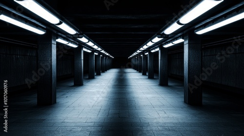 Shadows of the Metro: Cinematic Aesthetic Noir Shot of Deserted Subway Station with Eerie, Flickering Lights