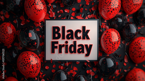 Black Friday sale banner with red and black balloons, festive confetti decoration, retail holiday shopping event, promotional discount offers, celebration of deals, minimalist design on dark backgroun photo