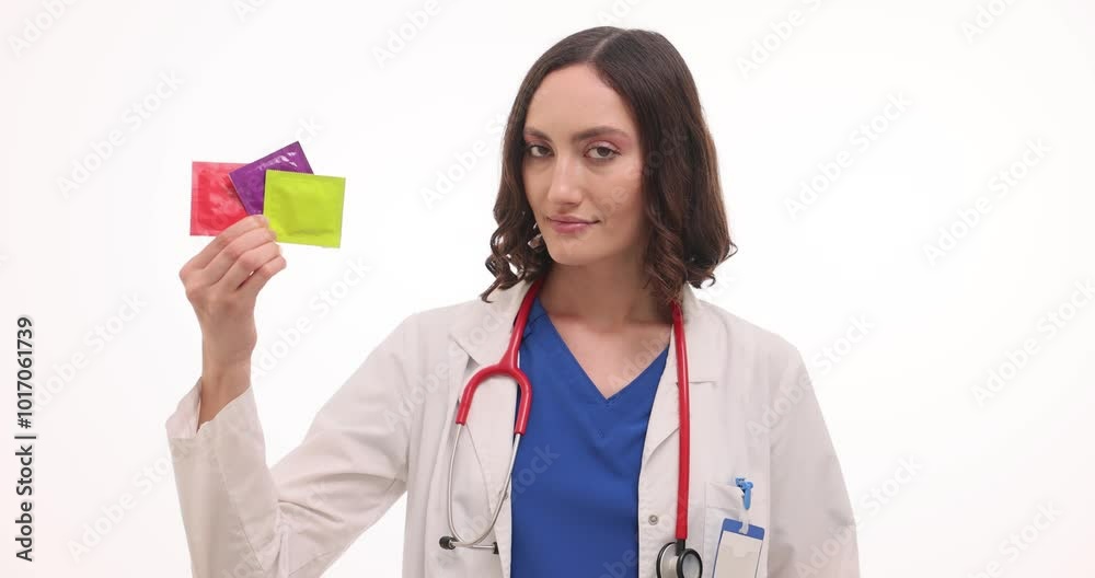 Woman doctor shows condoms making thumbs up gesture warning about unwanted pregnancy on white. Female medic in uniform reminds about contraception for wellbeing Woman doctor shows condoms making thumbs up gesture warning about unwanted pregnancy on white. Female medic in uniform reminds about contraception for wellbeing