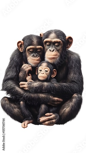 Couple of Chimpanzee Monkeys with Baby on Their Laps, White Background, Wallpaper, Cover and Screen for Smartphone, PC, Laptop, 9:16 and 16:9 Format