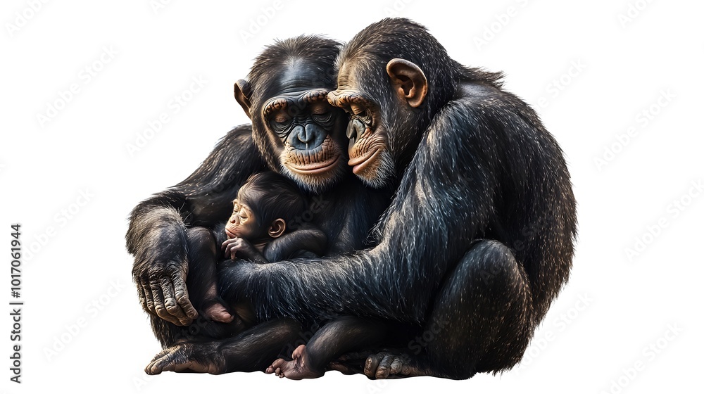 Couple of Chimpanzee Monkeys with Baby on Their Laps, White Background, Wallpaper, Cover and Screen for Smartphone, PC, Laptop, 9:16 and 16:9 Format