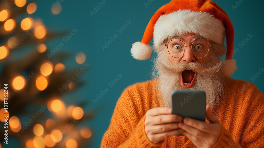 Surprised Santa Claus using smartphone with Christmas lights in background, holiday technology concept, festive communication, joyful expression, excited Santa checking messages during holiday season Surprised Santa Claus using smartphone with Christmas lights in background, holiday technology concept, festive communication, joyful expression, excited Santa checking messages during holiday season