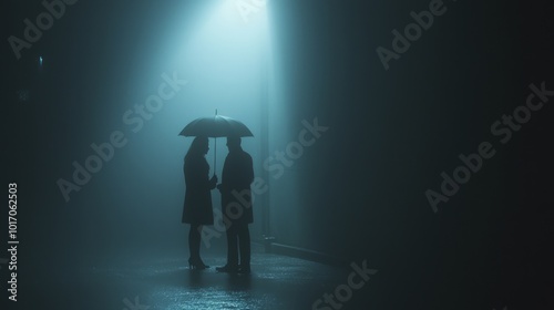 A Cinematic Noir Atmosphere: Tense Couple Arguing Under Umbrella on Foggy Street