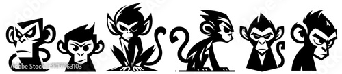 set of stylized cartoon monkey characters with angry expressions black vector