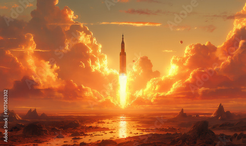 A rocket launches into the vibrant sky, surrounded by billowing clouds and a backdrop of distant stars.