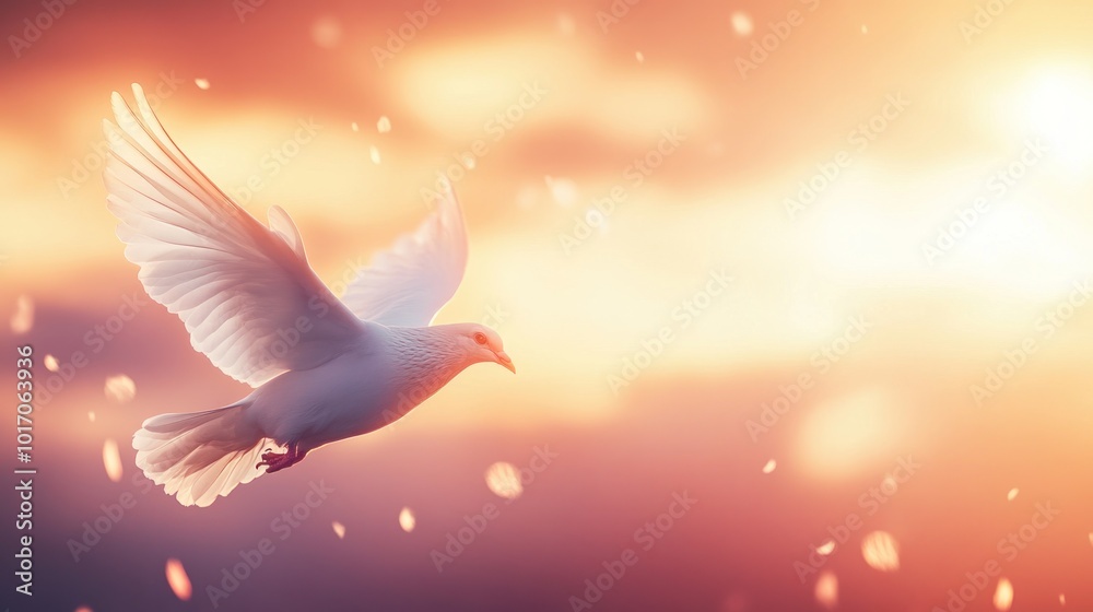 Obraz premium A serene dove in flight against a warm, colorful sunset backdrop.