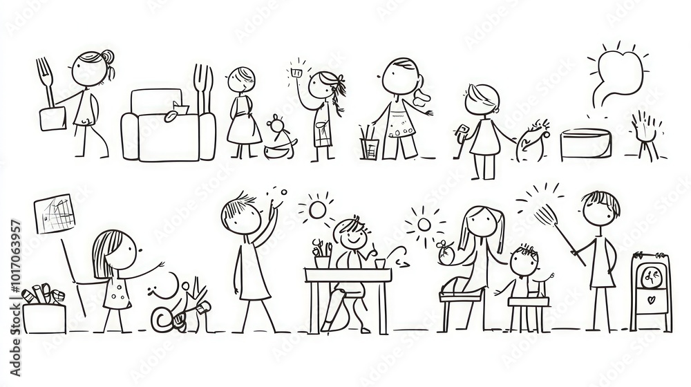 A set of stick figure drawings detailing a familya??s daily activities, showcasing the rhythm and routine of their everyday lives. A set of stick figure drawings detailing a familya??s daily activities, showcasing the rhythm and routine of their everyday lives.