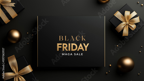 Black Friday sale banner with luxury black gift box and golden ribbon, holiday shopping event, elegant design, premium retail promotion, stylish festive advertisement for discounts, minimalist concept photo