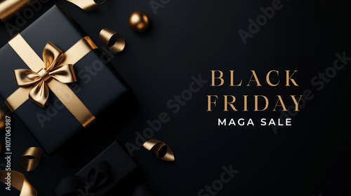 Black Friday sale banner with luxury black gift box and golden ribbon, holiday shopping event, elegant design, premium retail promotion, stylish festive advertisement for discounts, minimalist concept photo