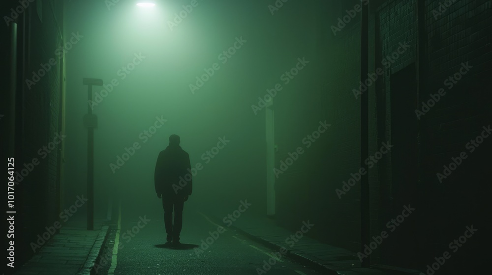 Midnight Stroll: Enigmatic Noir Scene of Veiled Street with Solitary Figure in Cinematic Atmosphere
