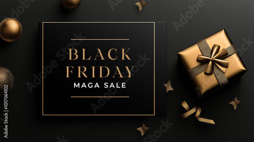 Black Friday sale banner with luxury black gift box and golden ribbon, holiday shopping event, elegant design, premium retail promotion, stylish festive advertisement for discounts, minimalist concept