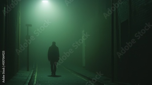 Midnight Stroll: Enigmatic Noir Scene of Veiled Street with Solitary Figure in Cinematic Atmosphere