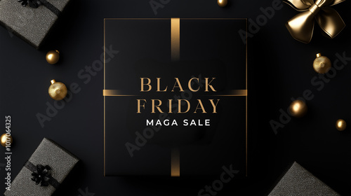 Black Friday sale banner with luxury black gift box and golden ribbon, holiday shopping event, elegant design, premium retail promotion, stylish festive advertisement for discounts, minimalist concept photo