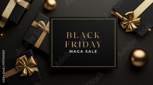 Black Friday sale banner with luxury black gift box and golden ribbon, holiday shopping event, elegant design, premium retail promotion, stylish festive advertisement for discounts, minimalist concept photo