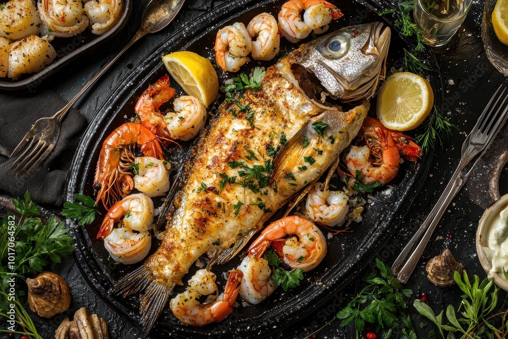 Luxurious Seafood Platter with Baked Fish, Lobster, Shrimp, and Scallops for Gourmet Dining Luxurious Seafood Platter with Baked Fish, Lobster, Shrimp, and Scallops for Gourmet Dining