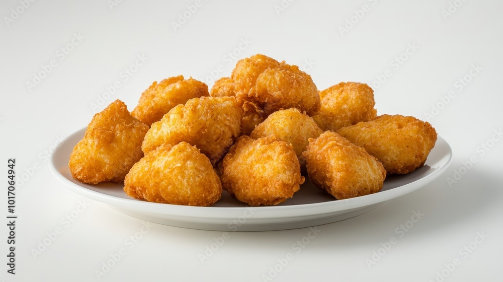 Crispy, golden nuggets scattered on a white plate, isolated against a plain background. Crispy, golden nuggets scattered on a white plate, isolated against a plain background.