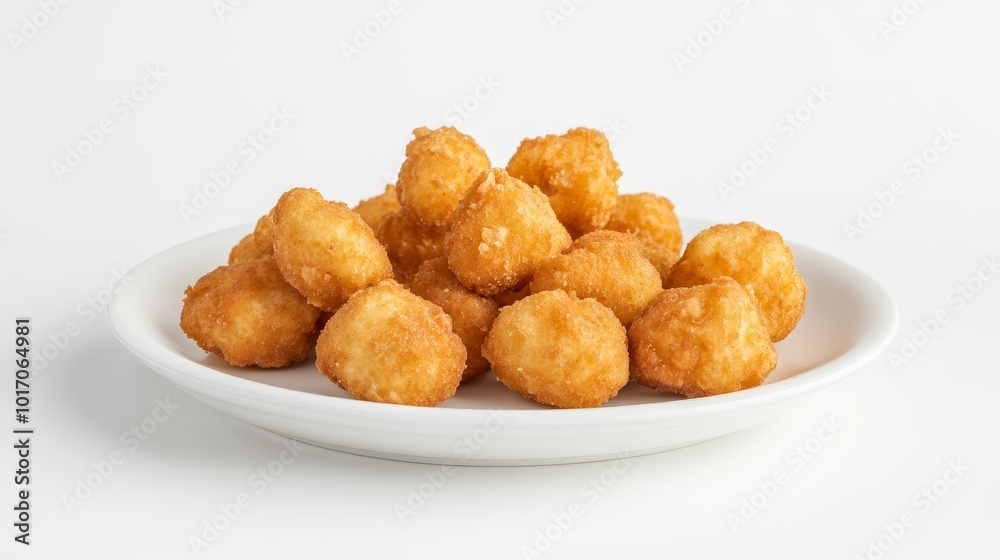 Crispy, golden nuggets scattered on a white plate, isolated against a plain background. Crispy, golden nuggets scattered on a white plate, isolated against a plain background.