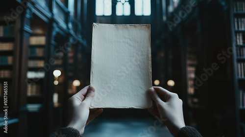 a person in a gloomy library holding a blank parchment