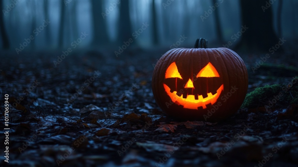 A spooky Halloween jack-o'-lantern glowing with an eerie orange light, placed in a dark forest setting. The shadows of the trees and a distant fog create a mysterious and slightly creepy ambiance. A spooky Halloween jack-o'-lantern glowing with an eerie orange light, placed in a dark forest setting. The shadows of the trees and a distant fog create a mysterious and slightly creepy ambiance.