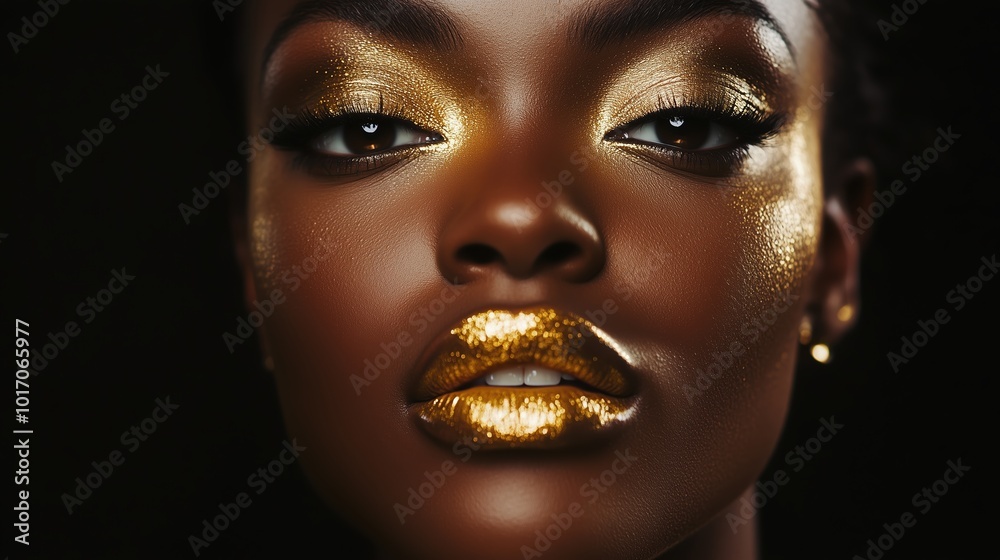 Portrait of a Black woman with striking gold makeup highlighting her eyes and lips against a dark background. Portrait of a Black woman with striking gold makeup highlighting her eyes and lips against a dark background.