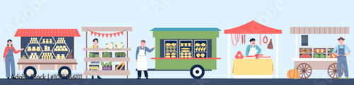 Farm market street with stalls and counters with different fresh food and goods. Bread meat vegetables fruits honey. Flat outdoor shop vector scene