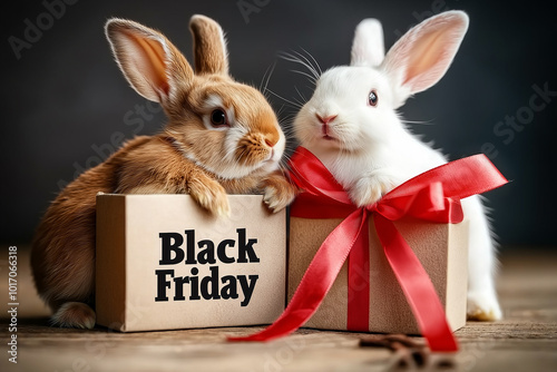 Two adorable rabbits holding Black Friday gift box with red ribbon, cute festive shopping event, holiday retail promotion, bunnies and seasonal advertisement for discounts and sales photo