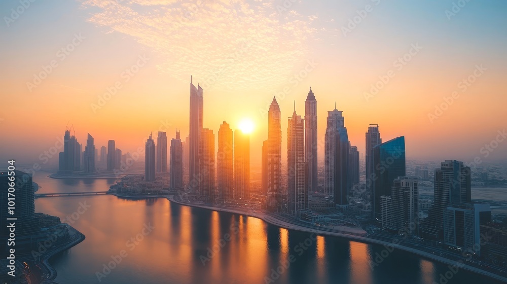 Dubai's cityscape at dawn, showcasing its towering skyscrapers and vibrant atmosphere.