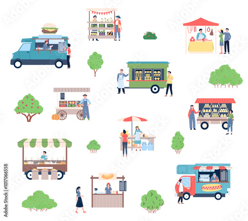 Food and goods market concept. Farm products on stalls and counters. People walking on market, choose fruits vegetables honey, vector scene