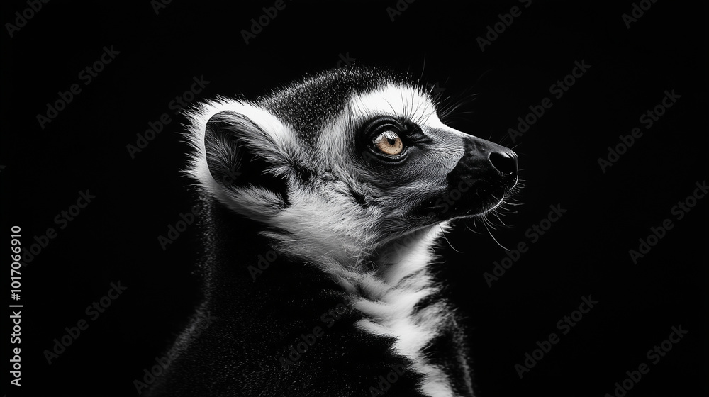 Fototapeta premium Portret lemura skupia się na jego wyrazistej twarzy i ogromnych, oczach, które patrzą intensywnie i z zainteresowaniem.