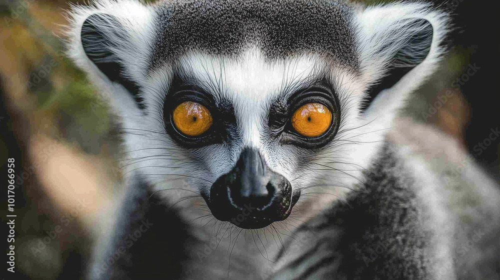 Obraz premium Portret lemura skupia się na jego wyrazistej twarzy i ogromnych, oczach, które patrzą intensywnie i z zainteresowaniem.