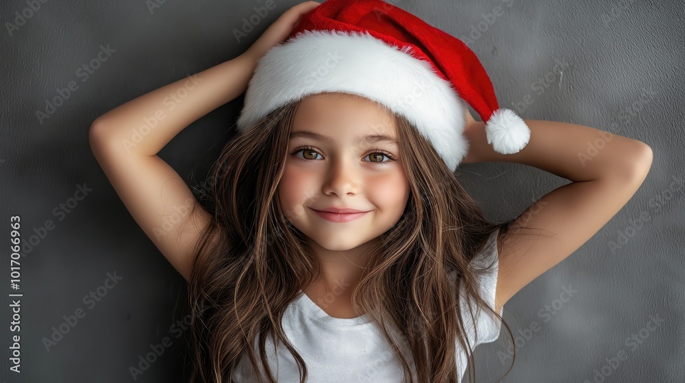 Happy Girl in Santa Hat and White T-Shirt Posing with Hands on Head, Isolated Against Grey Background with Copy Space, Smiling Child in Christmas Costume Excited for New Year Happy Girl in Santa Hat and White T-Shirt Posing with Hands on Head, Isolated Against Grey Background with Copy Space, Smiling Child in Christmas Costume Excited for New Year