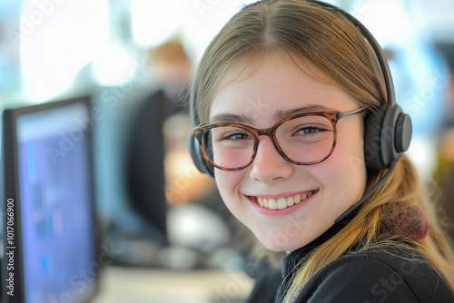 Smiling young woman wearing glasses, student in classroom setting, confident and happy, education and learning concept, study session, focus on academic success, bright and cheerful expression photo