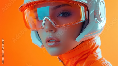  Stylish Female Mannequin in Orange Outfit with Helmet and Glasses, Isolated Background, Futuristic Style, Close-Up Portrait Photography for Modern and Creative Projects