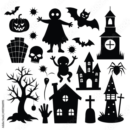 Set of halloween silhouettes black icon and character. Vector illustration. Isolated on white background. Haunted house, bats, cats, spider, spider net, pumpkin, brush, skeleton, ghost, haunted tree, 