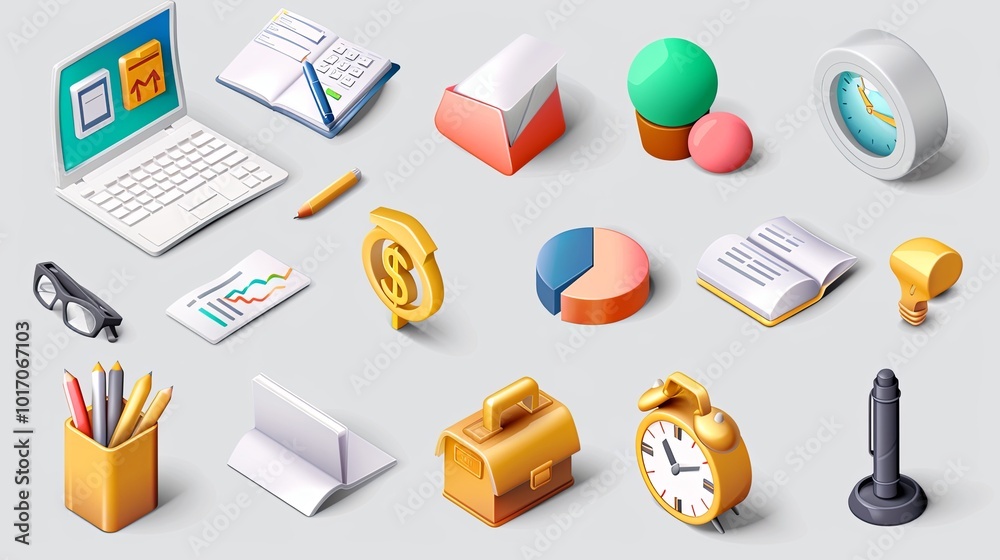 A collection of vibrant 3D office icons includes tools like a laptop, clock, and stationery, ideal for business-themed designs. Generative AI A collection of vibrant 3D office icons includes tools like a laptop, clock, and stationery, ideal for business-themed designs. Generative AI