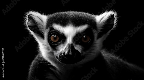 Portret lemura skupia się na jego wyrazistej twarzy i ogromnych, oczach, które patrzą intensywnie i z zainteresowaniem. #1017067123