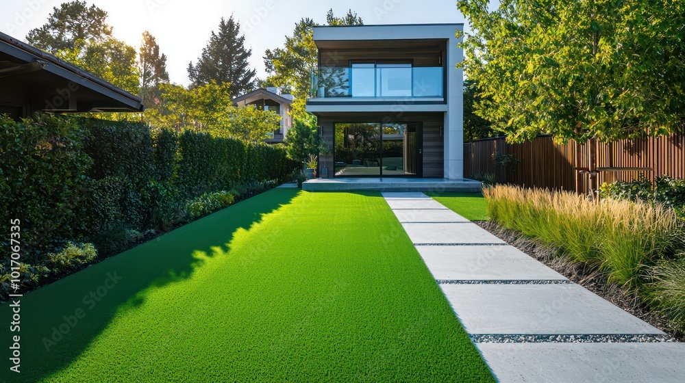 Turquoise artificial lawn surrounding a modern home with minimalist backyard and straight concrete pathway Turquoise artificial lawn surrounding a modern home with minimalist backyard and straight concrete pathway