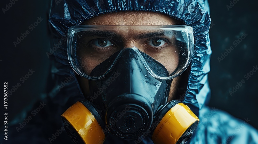 Close-Up Portrait of Engineer in Protective Gear with Gas Mask and Hazmat Suit, Featuring Dark Gray and Light Navy Colors, Ideal for Medical and Industrial Safety Themes Close-Up Portrait of Engineer in Protective Gear with Gas Mask and Hazmat Suit, Featuring Dark Gray and Light Navy Colors, Ideal for Medical and Industrial Safety Themes