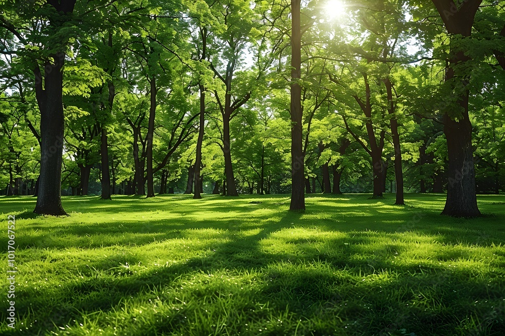 Obraz premium Lush Green Forest with Sunlight Filtering Through Trees