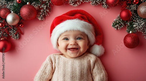 Adorable Baby Wearing Santa Claus Hat with Christmas Decorations Against a Pink Background, Capturing the Joy and Festivity of the Holiday Season in High-Resolution Photography