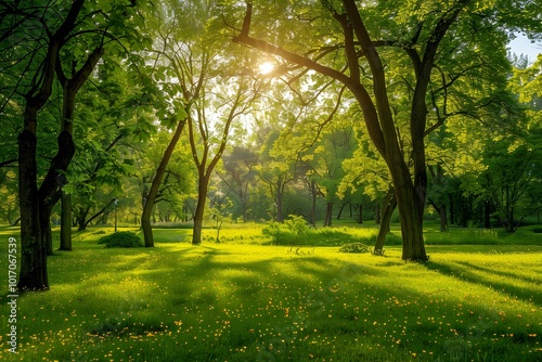 Serene Sunlit Forest Glade with Lush Greenery and Gentle Sunbeams photo