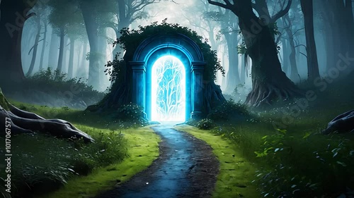 Enchanted Forest Portal with Glowing Blue Entrance

 photo