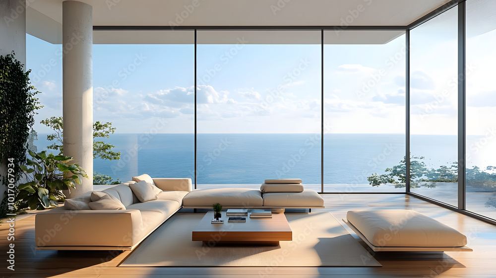 Luxury architecture, ocean front property landscape. Modern living room ...