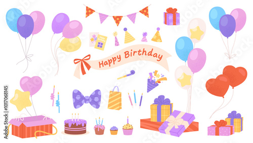 Happy birthday party pack. Banners balloons gift boxes cakes and confetti. Isolated vibrant festive elements, sweets and accessories, vector clipart