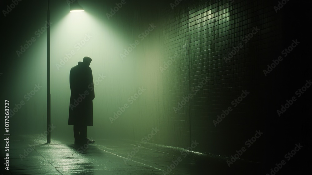 Mysterious Noir Figure in Trench Coat Under Flickering Street Lamp - Moody Urban Cinematic Scene Mysterious Noir Figure in Trench Coat Under Flickering Street Lamp - Moody Urban Cinematic Scene