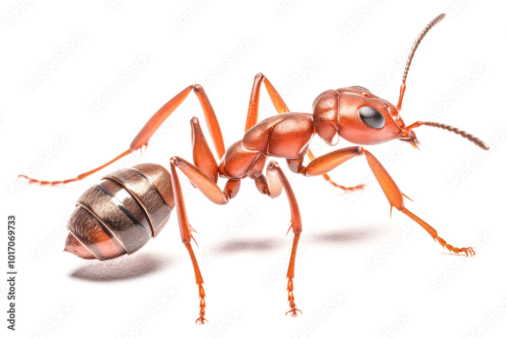 A red ant is standing on a white background.