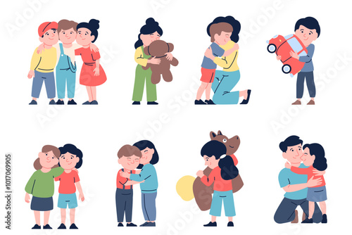Children hugs. Kids hugging mother father toys and friends. Little toddlers friendship, good kind emotionality characters. Help love support recent vector characters