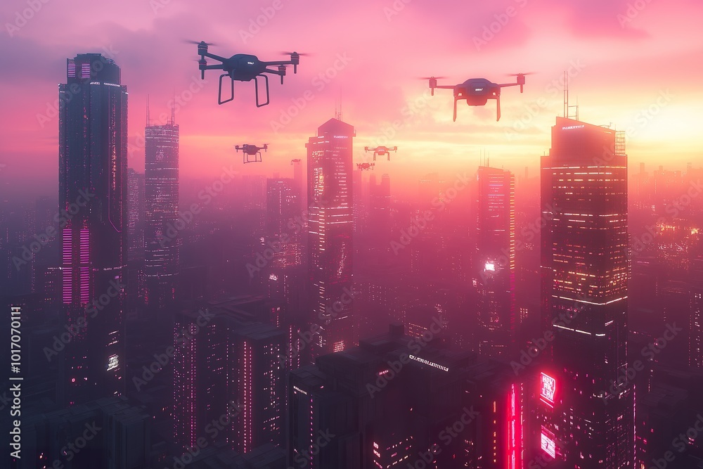 Drones flying over a hyper-modern urban skyline during a vibrant sunset