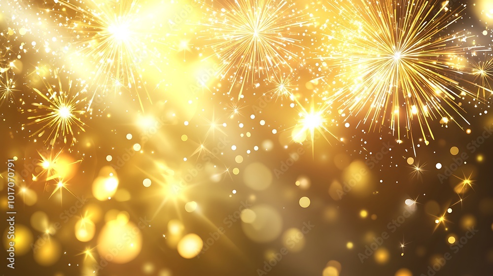 Sparkling golden fireworks with blurred lights on a dark background. Sparkling golden fireworks with blurred lights on a dark background.